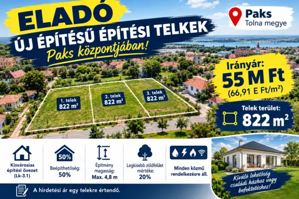 Eladó Építési telek, Paks 822 m² 55 M Ft